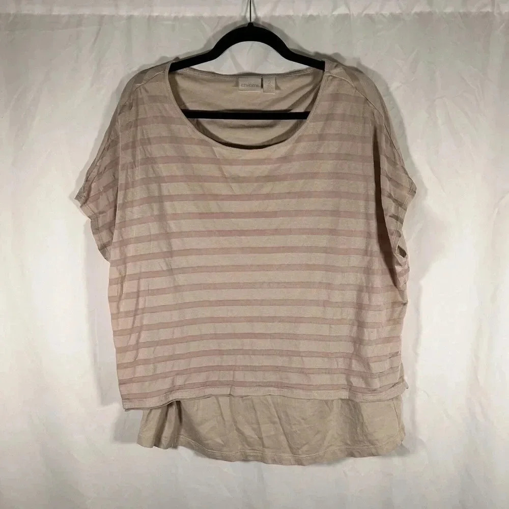 Chico's Blouse Womens 2 Large Tan Round Neck Sleeveless Layered